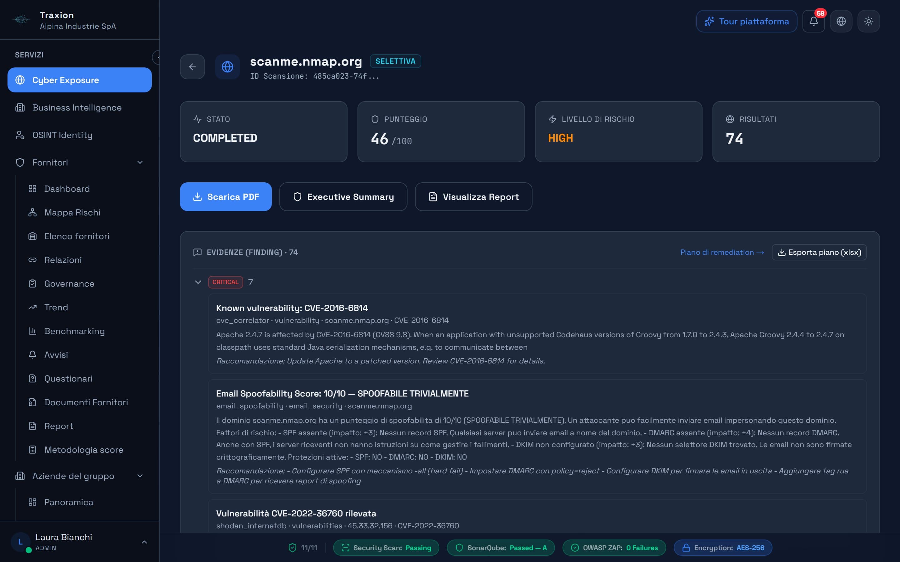 Risultato di una scansione Cyber Exposure con punteggio, livello di rischio ed evidenze critiche